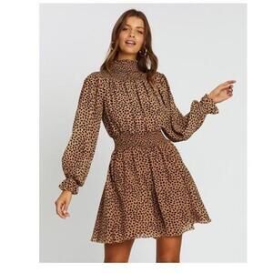 She & Sky Animal Print Dress Taupe Polyester Womens Small. Brown & Black. Ruffle